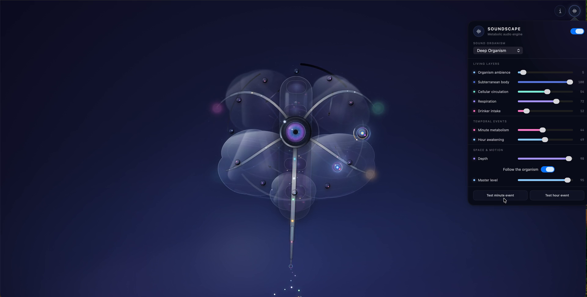 Chronocyte living time organism with its Soundscape controls open